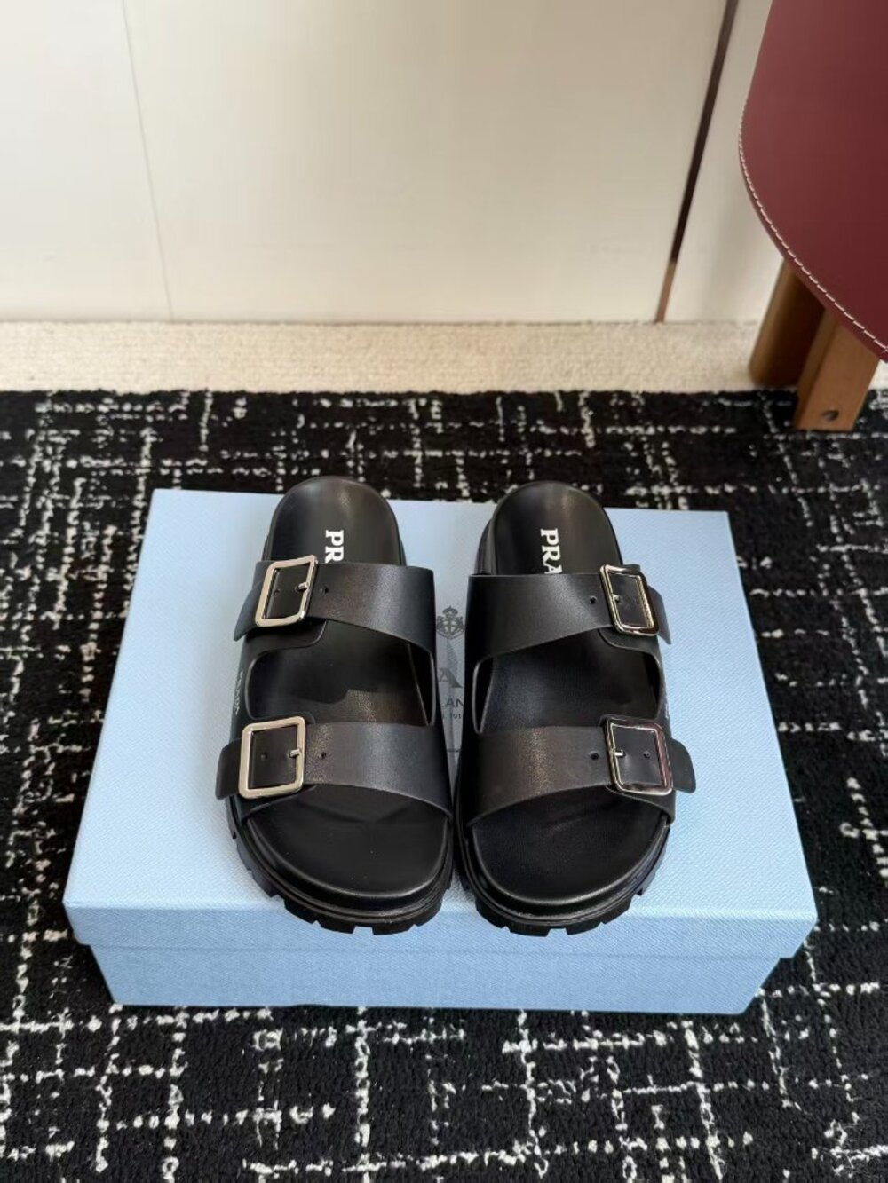 Prada Black Leather Double Buckle Slide Sandals Chunky Lug Sole Slip On Shoes